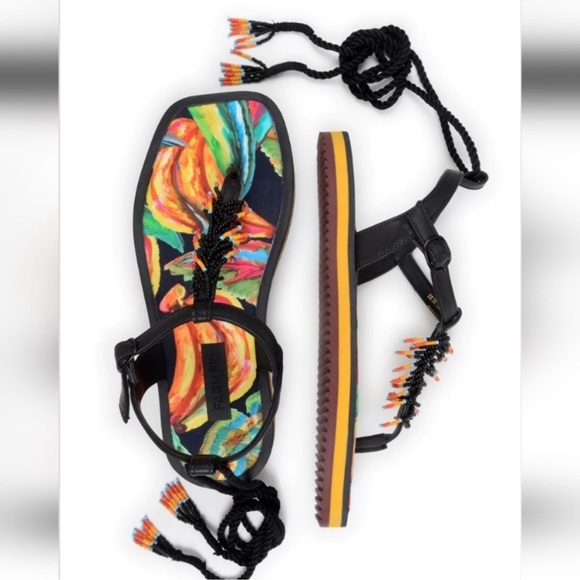 Farm Rio Black Banana Beaded Flat Sandal 9 - Picture 3 of 7